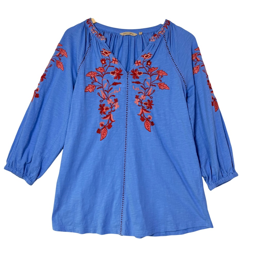 Soft Surroundings Womens Size Small Blue Embroidered Boho Peasant Top - Picture 2 of 9